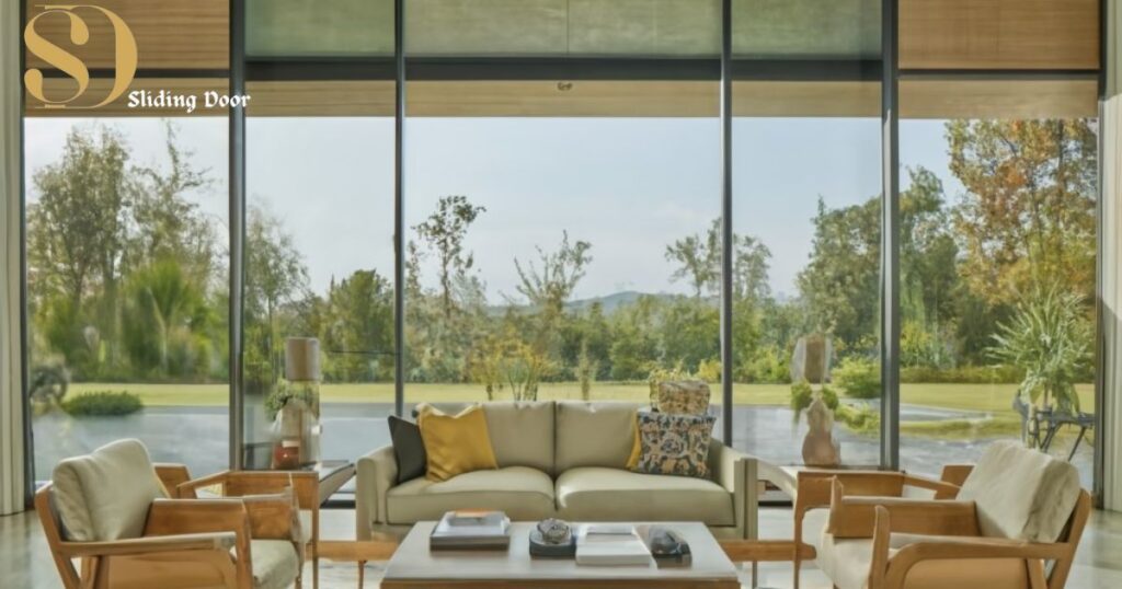 Furniture in front of sliding glass doors
